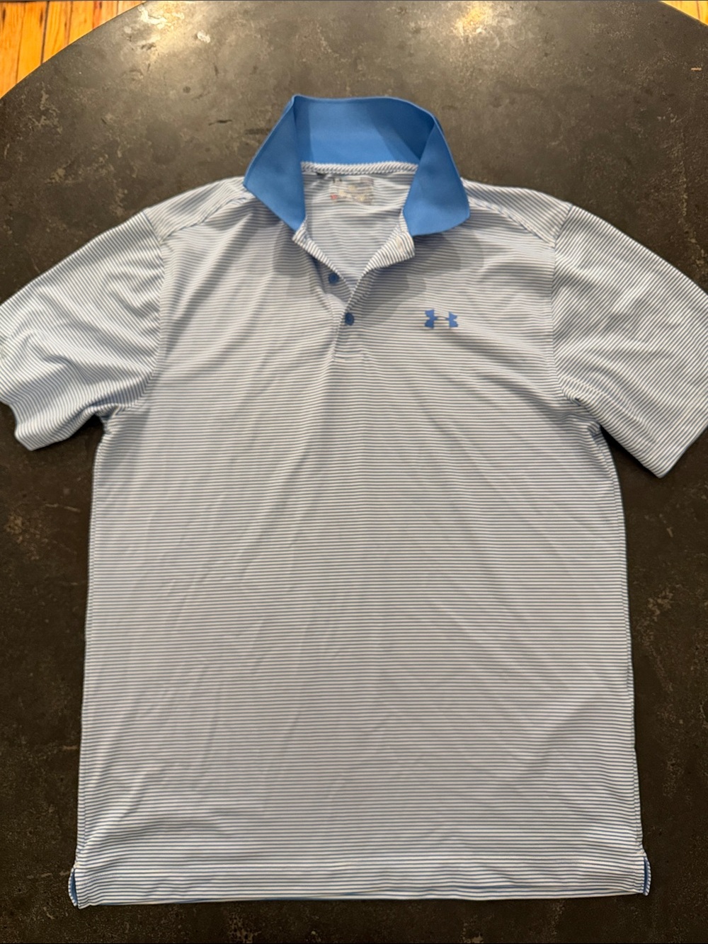 Under Armour Men’s Light Blue & White Striped Polo with Blue Contrast Collar